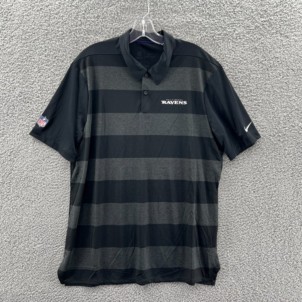Nike Baltimore Ravens Polo Mens Large Black Gray Striped Dri-Fit On Field Appare